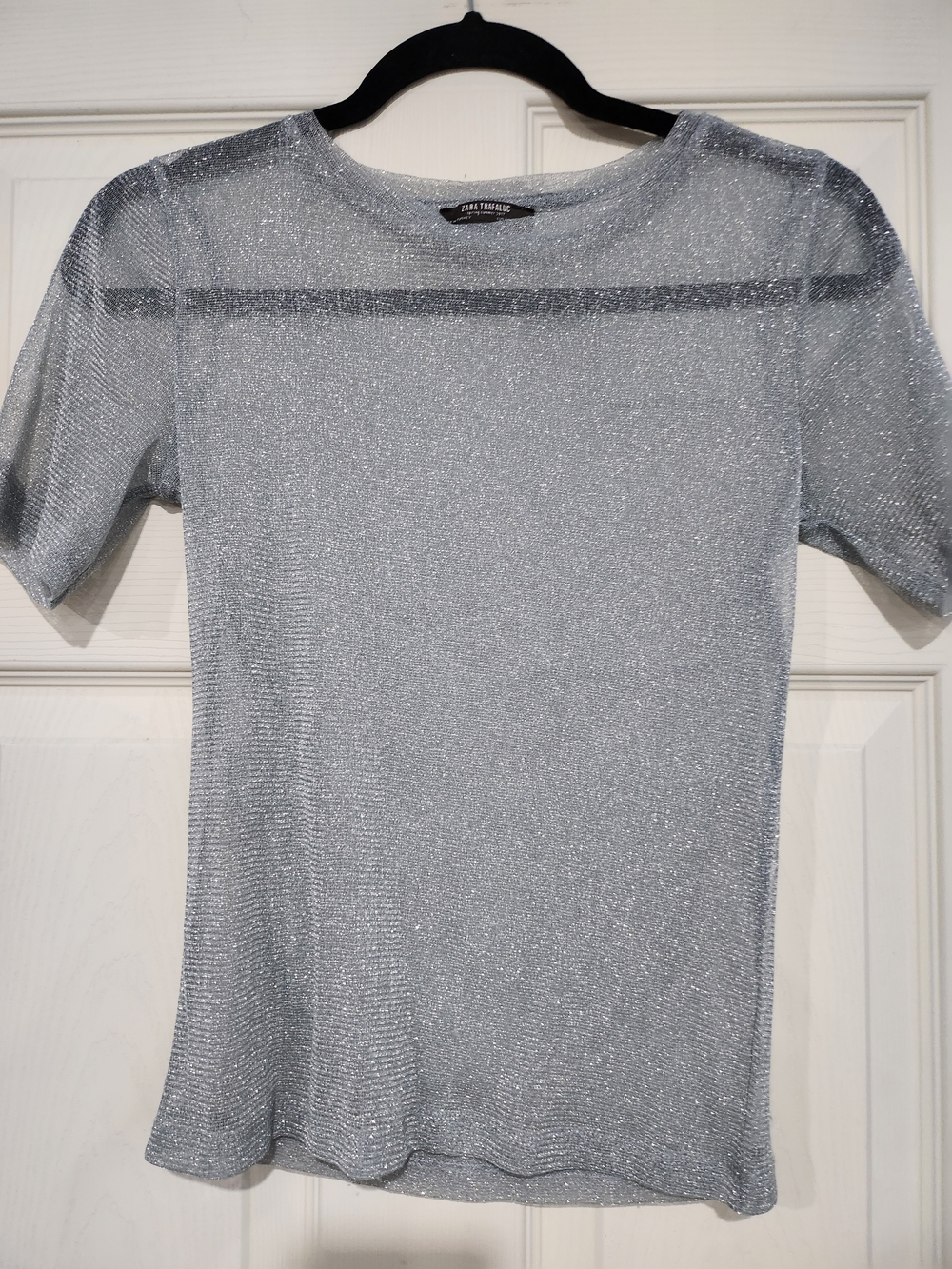 1024. Lurex Metallic Short-Sleeve Top in Silver